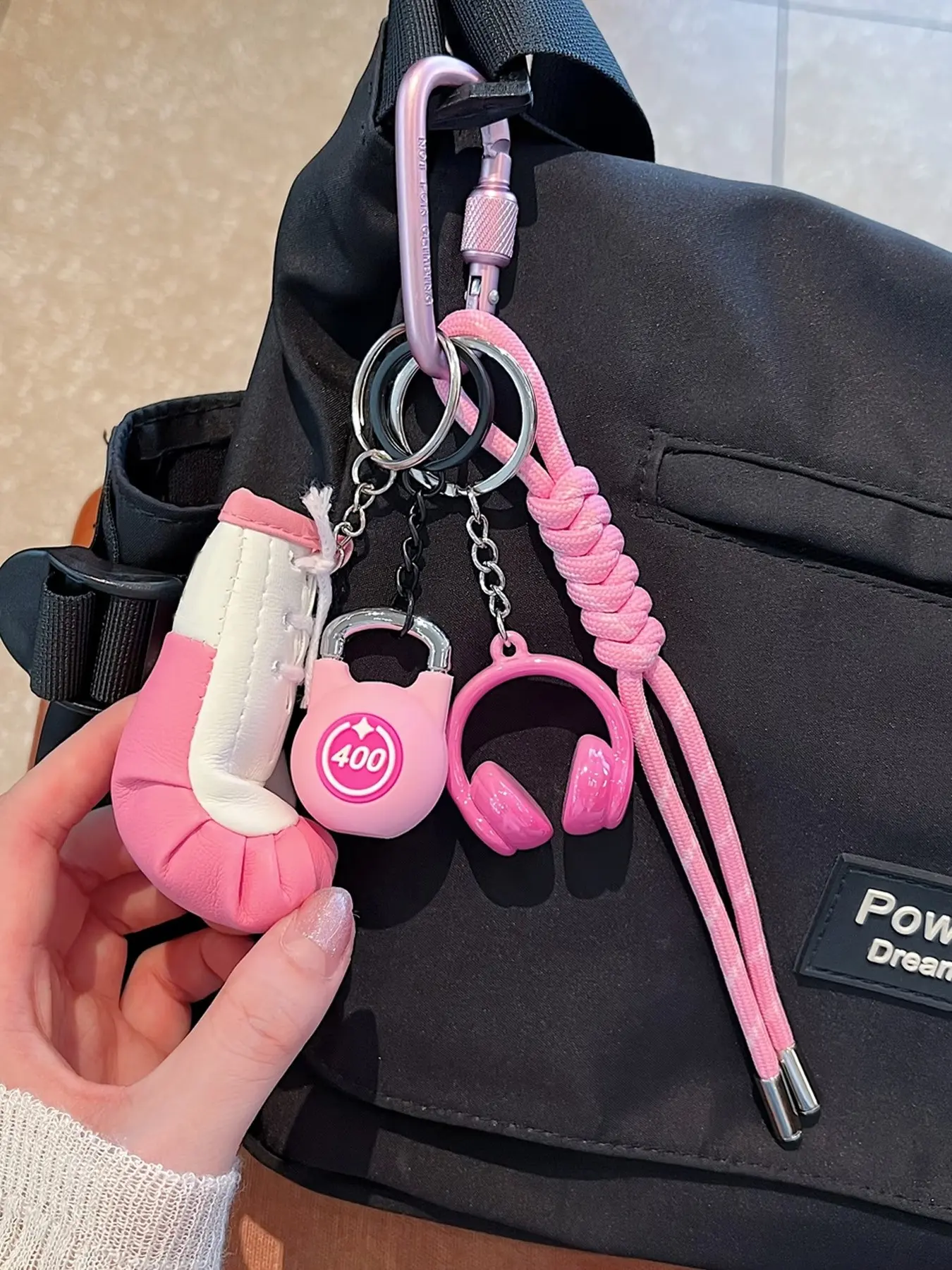 Gym Fitness Boxing Glove Keychain - Dopamine Sports Bag Charm with Kettlebell & Headphone Pendant, Braided Rope Screw Lock Carabiner Accessory for Backpack Keys, Trendy Lifestyle Workout Gift for Gym Lovers Athletes & Fitness Girls