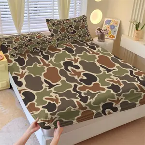 Outdoor Hunting Duck Camouflage Fitted Sheet Set, 1 Fitted Sheet + 2 Pillowcases, Deep Pocket Non-Slip Mattress Cover, Soft Skin-Friendly Fabric, Retro Green Brown Camo Bird Pattern, Cool Birthday Gift For Hunters Men
