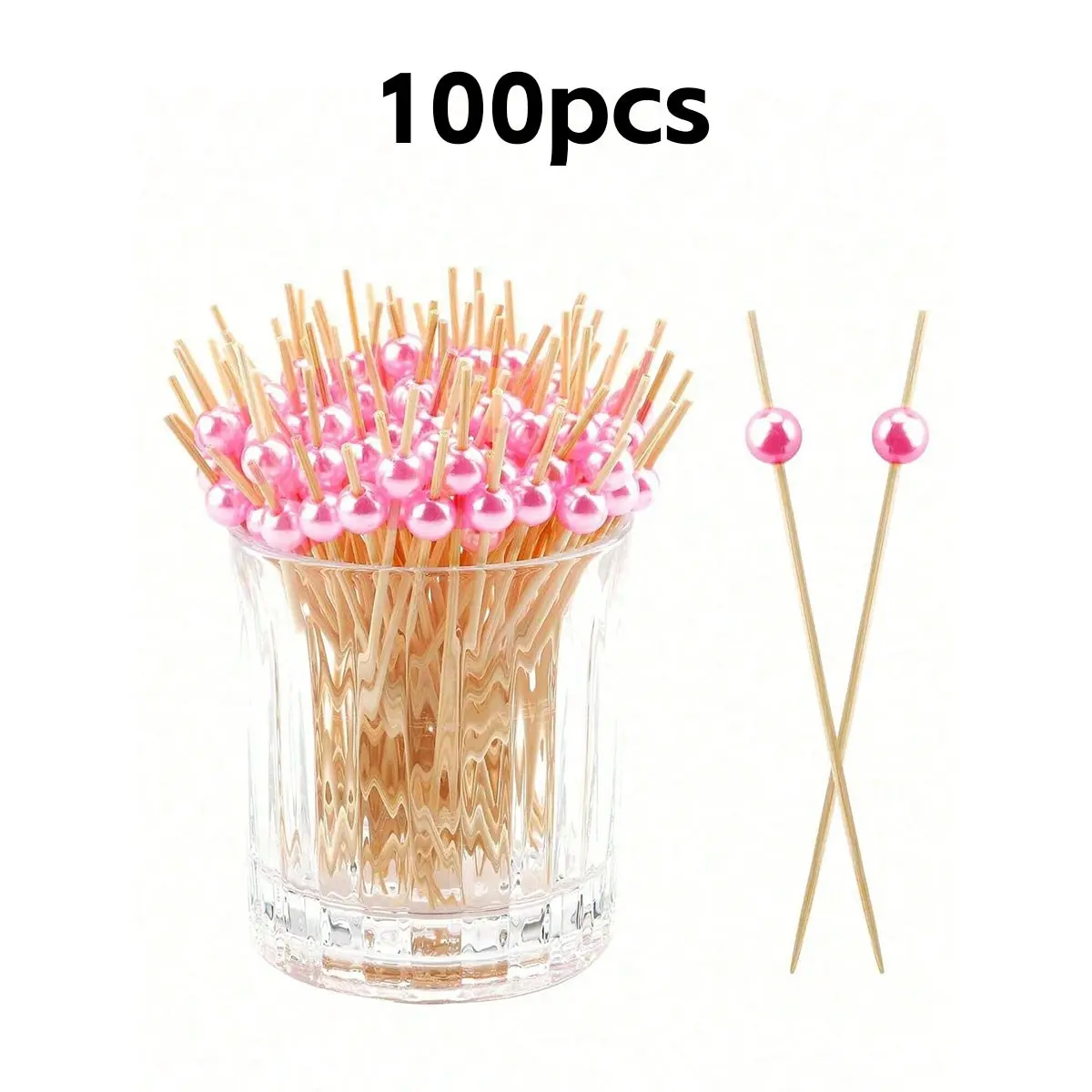 100pcs Cocktail Picks, 4.7 Inch Appetizer Skewers, Water Pearl Bamboo Sticks, Party Decor, Wedding, Birthday, Buffet Food Decoration