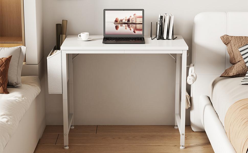 Small White Desk for Small Spaces, 32 Inch Kids Girls Study Writing Desks for Bedroom, Simple Modern Laptop PC Little Side Table with Storage Bag Headphone Hook