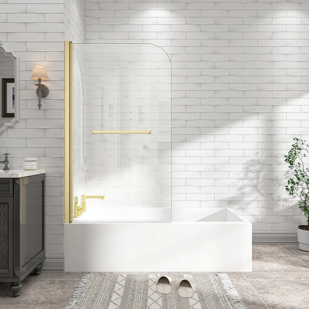 31"-32" W x 55" H Brushed Gold Flexible 180° Pivot Shower Door Reversible Installation Frameless Bathtub Screen,1/4"(6MM) Tempered Glass With Nano Easy Cleaning And Stick Explosion-proof Membrance