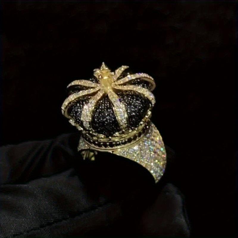 Ice Black and White Quartz Crown Ring |     18k gold plating, luxurious design paired with moissanite, platinum-plated, an ideal gift for stylish men on their birthday or for special occasions