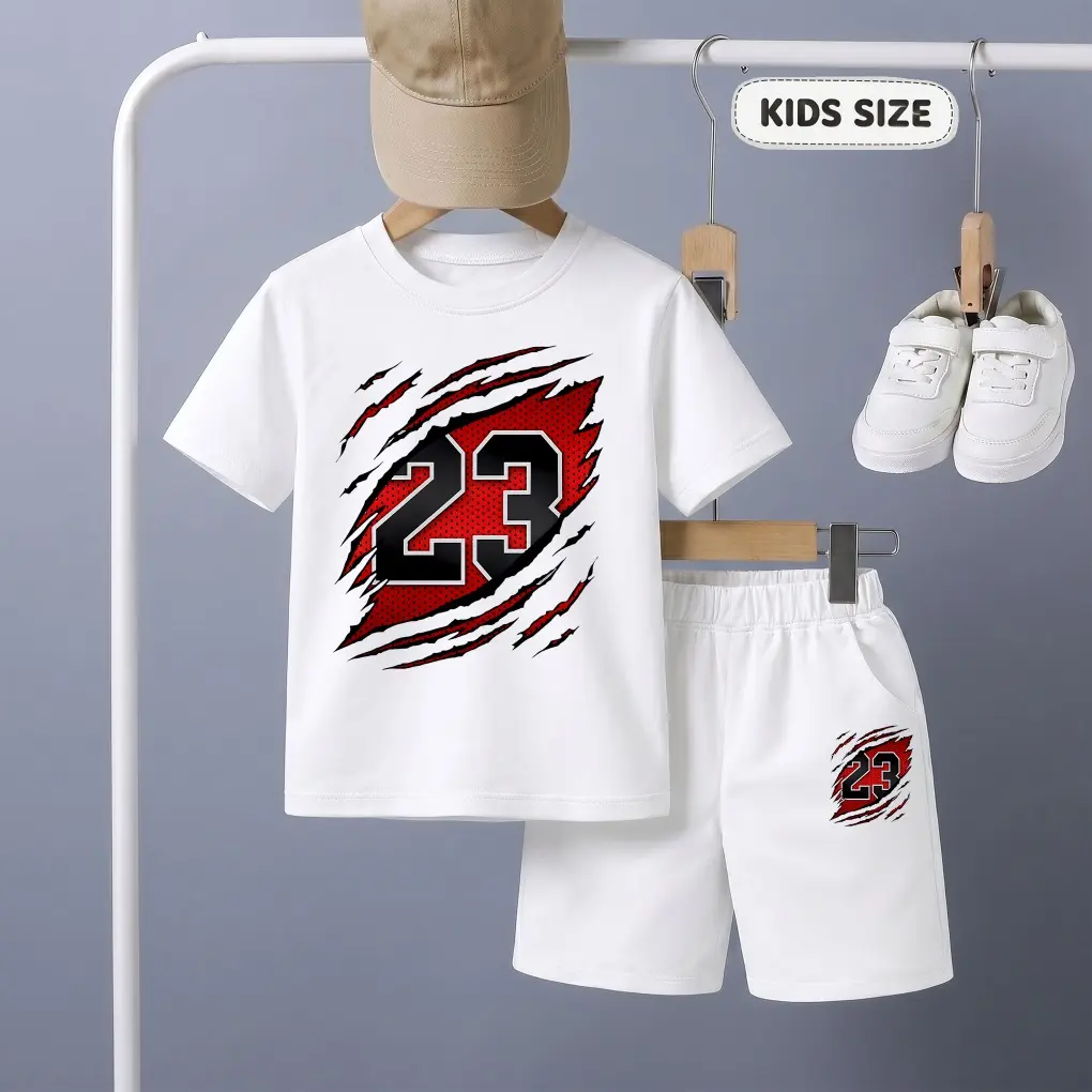 Boys' No. 23 Graphic T-Shirt and Shorts Set, Casual Lightweight Crew Neck Summer Outfit for Kids Outdoor Play, Available in Kids Size 2-7Y, Two-Piece Boys' Sets, Lightweight Boys' Sets