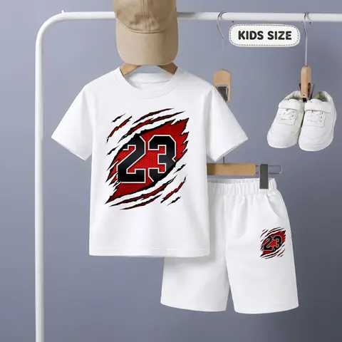 Boys’ No.23 Printed Design Short Sleeve T-Shirt And Shorts Set, Casual Kids Summer Outfit, Comfortable Crew Neck Clothing Set For Daily Wear And Outdoor Play