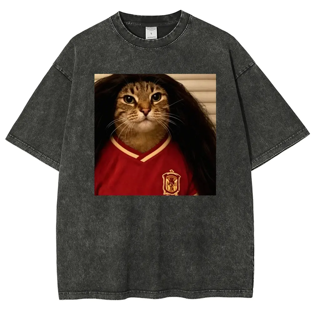 Unisex 100% Cotton Vintage Washed Short-Sleeve T-Shirt - Playful Meme Cat Soccer Jersey Front Print, Football Fan Casual Streetwear Aesthetic, Round Neck Fabric Clothes, Menswear Top, Shortsleeve, Tshirt