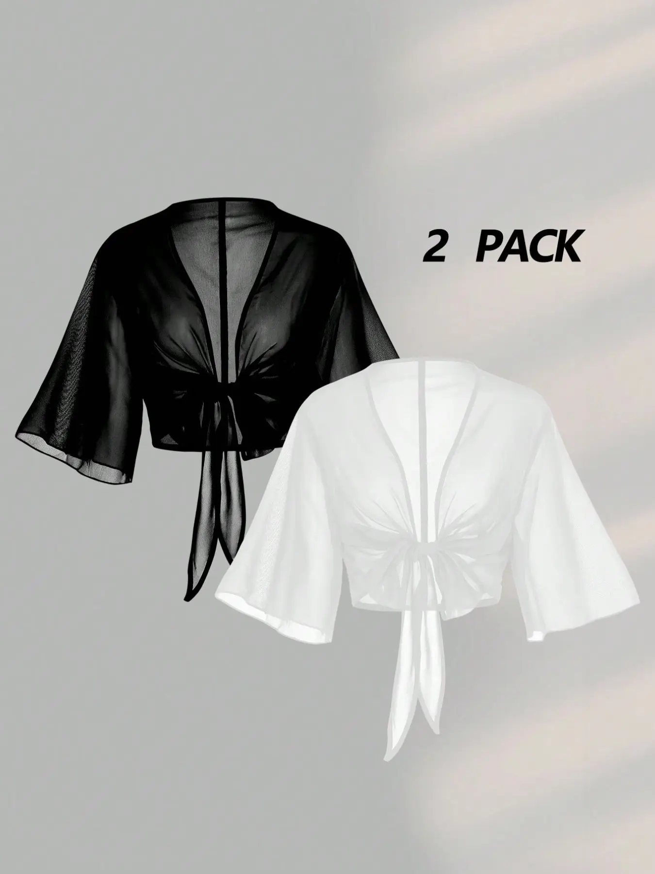 Women's Half Sleeve Flared Chiffon V-Neck Bow Tie Elegant Shirt, Casual Open Front Two-Piece Set, Small Jacket Top, Fashionable