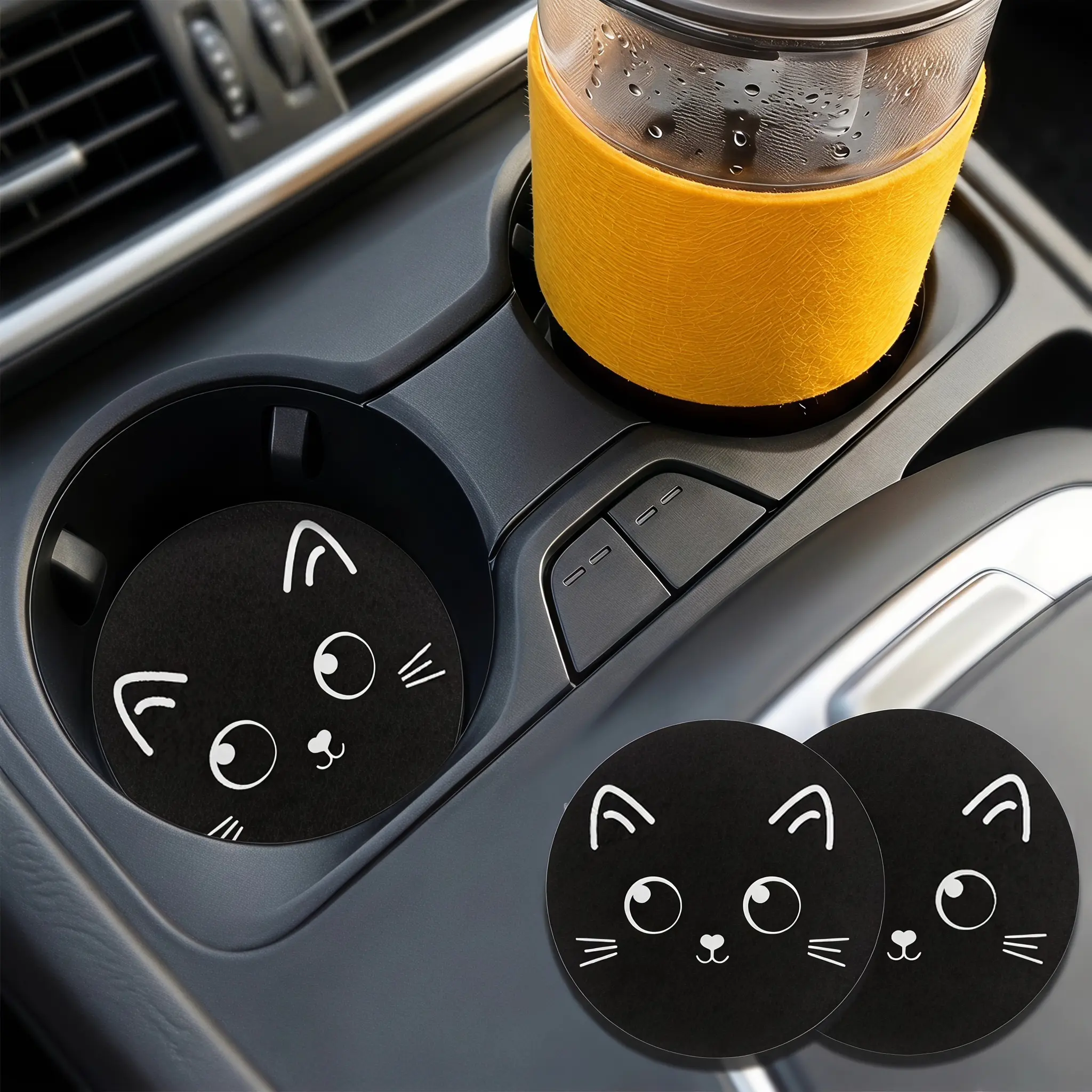 2 PCS Car Coasters, Cartoon Cat Pattern Waterproof Car Cup Mat, Car Interior Decoration Accessories, Car Accessories Cute-YY1