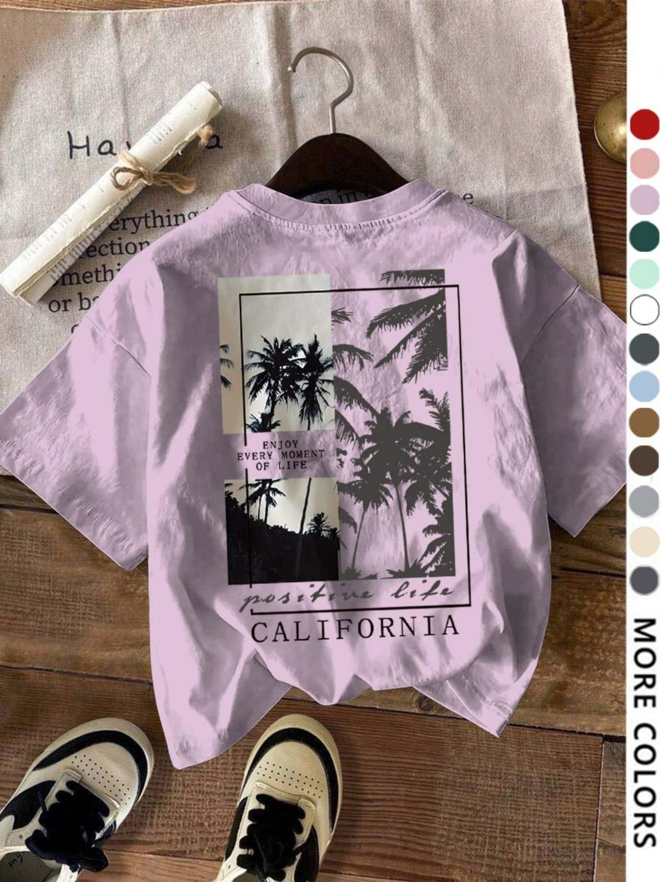 Women's Letter & Tree Print Round Neck Tee, Fashion Casual Short Sleeve T-shirt for Daily Wear, Ladies Summer Clothes