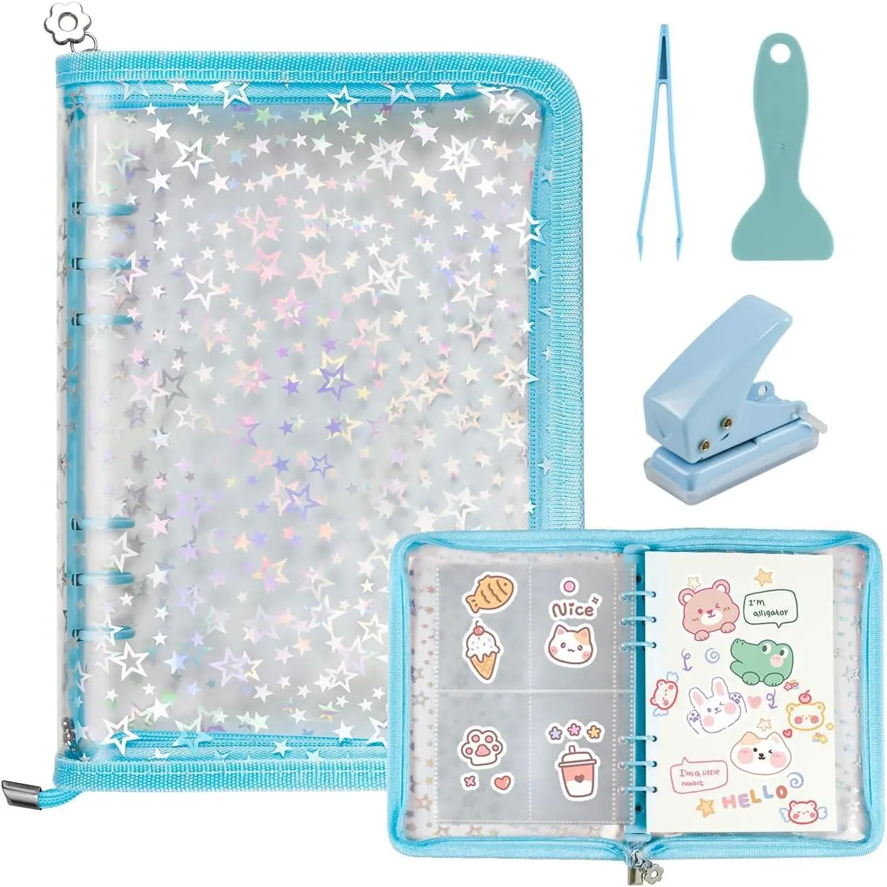 7 in 1 Sticker Storage Organizer, A5  Zipper Binder with Tools | ‌Durable Pvc 6-Ring zipper sticker binder, Cute and Shiny Cover, Stickers Not Included
