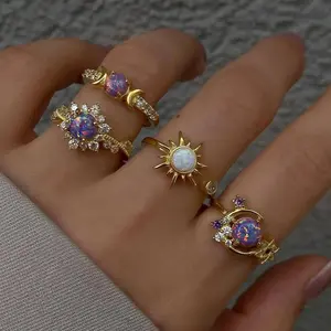 Celestial Sun & Moon Stackable Ring Set for Women, Boho Crystal Stacking Rings, Trendy Geometric Cosmic Jewelry, Sparkly Minimalist Light Luxury Accessories, Daily Wear Party Vacation Gift for Her