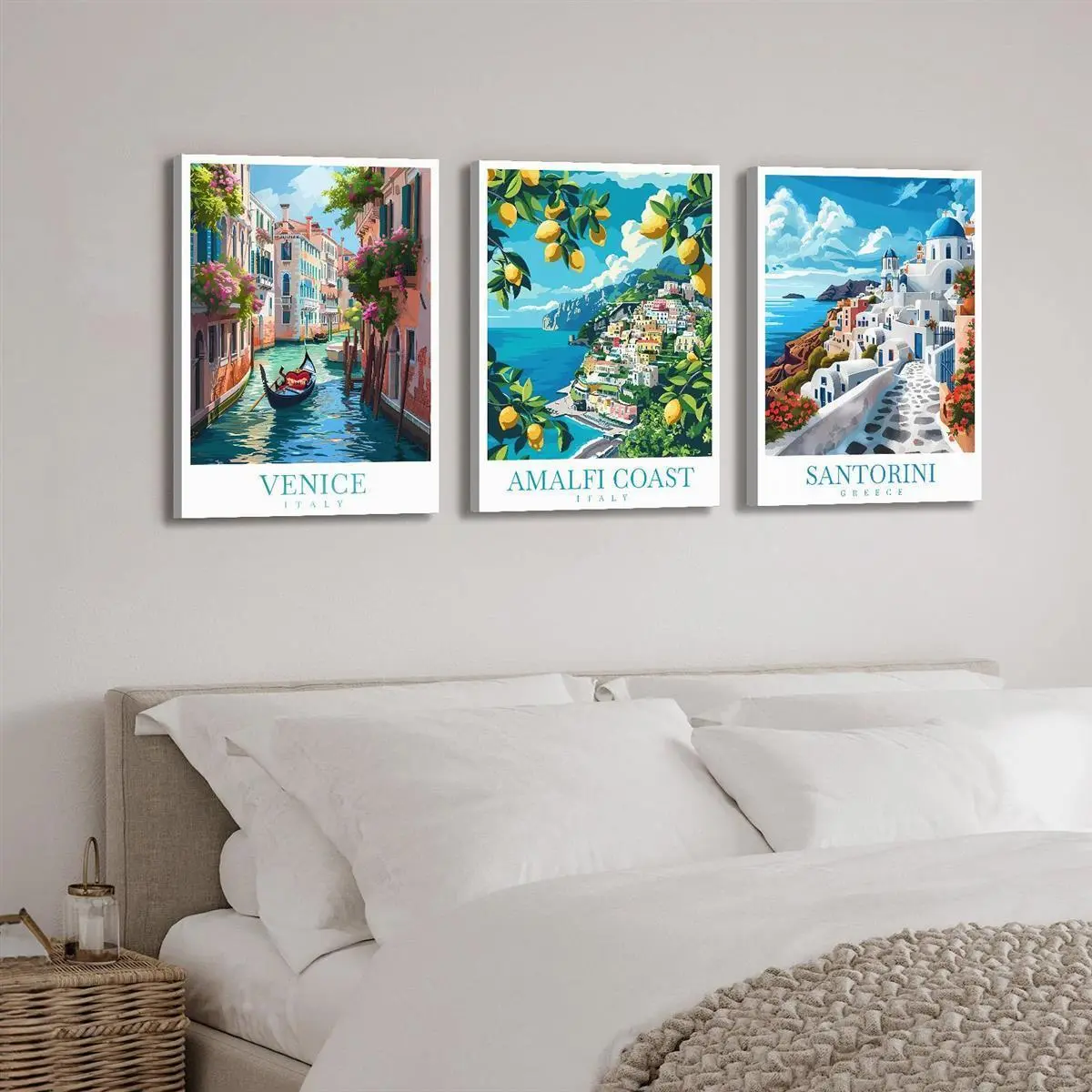 3-Piece Framed Canvas Wall Art, Italian Travel Posters (Venice, Amalfi, Santorini Themes), 2D Flat High-End Home Decor, Clearance Sale, Suitable for Seasonal Decor (Christmas, Summer), Ideal for Home Supplies Enthusiasts