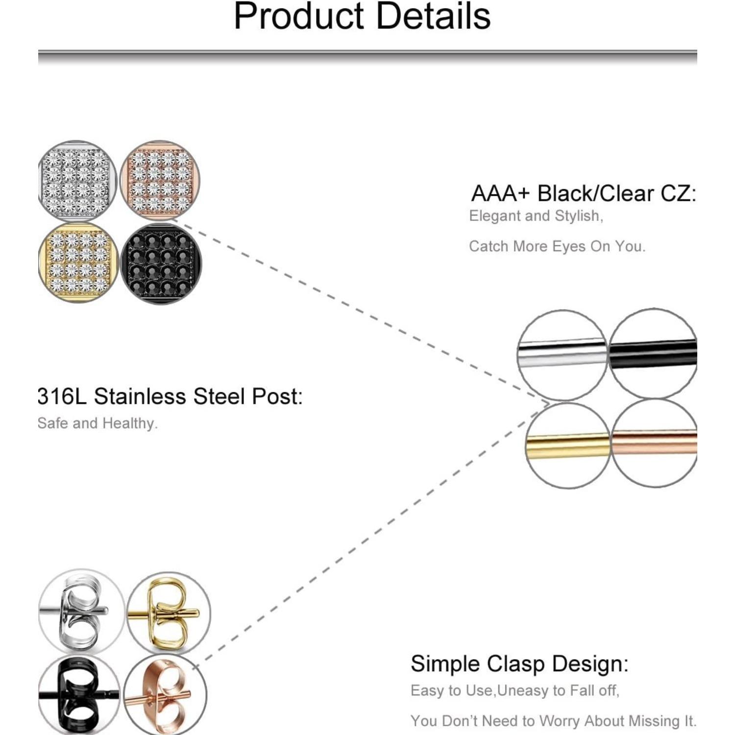 FIBO STEEL 4/8 Pairs 316L Stainless Steel Square CZ Stud Earrings for Men Women 6-8MM AAA+ Shiny Cubic Zirconia Earrings Set