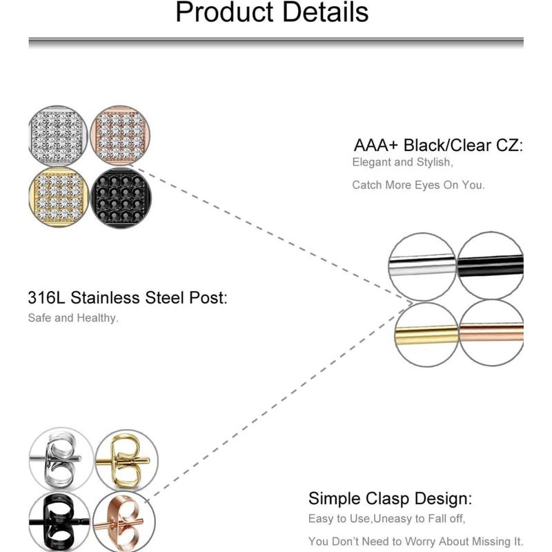 FIBO STEEL 4/8 Pairs 316L Stainless Steel Square CZ Stud Earrings for Men Women 6-8MM AAA+ Shiny Cubic Zirconia Earrings Set FIBO STEEL 4/8 Pairs 316L Stainless Steel Square CZ Stud Earrings for Men Women 6-8MM AAA+ Shiny Cubic Zirconia Earrings Set