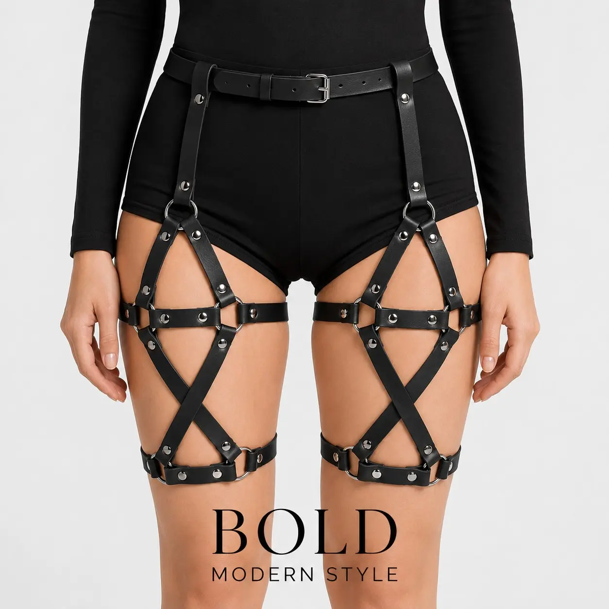 Women's Faux Leather Thigh Garter Belt, Adjustable Waist and Leg Straps, Metal Rings and Rivets, Gothic Punk, Cosplay, Halloween, Party, Fashion