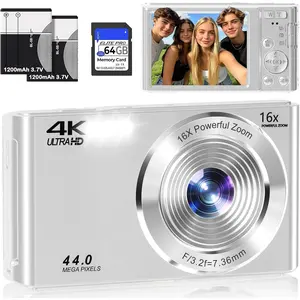 Digital Camera 4K, Autofocus Compact Digital Camera for Photography with 16X Zoom, 64GB Card & 2 , 44MP Portable Camera for Teens, Beginners, Students, , Boys, Girls