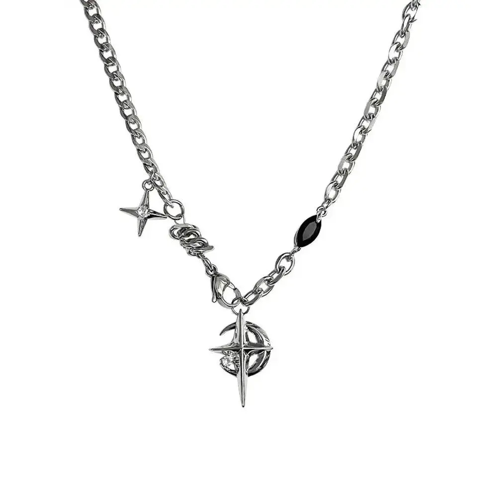 Star Moon necklace Cuban Figaro chain Star Moon Pendant Necklace Punk Black Zircon Chain Choker Necklace For men's Jewelry Gifts