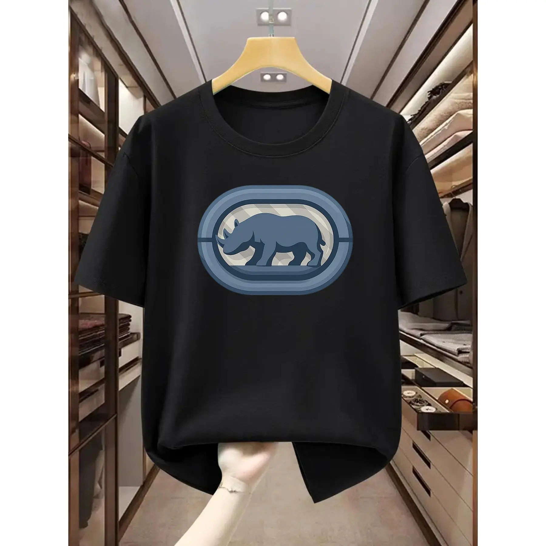 Unisex Rhino Graphic Tshirt with Minimalist Geometric Design, Soft Cotton Crew Neck Top for Casual Fitness & Streetwear, Round Neck, Unisex Wear