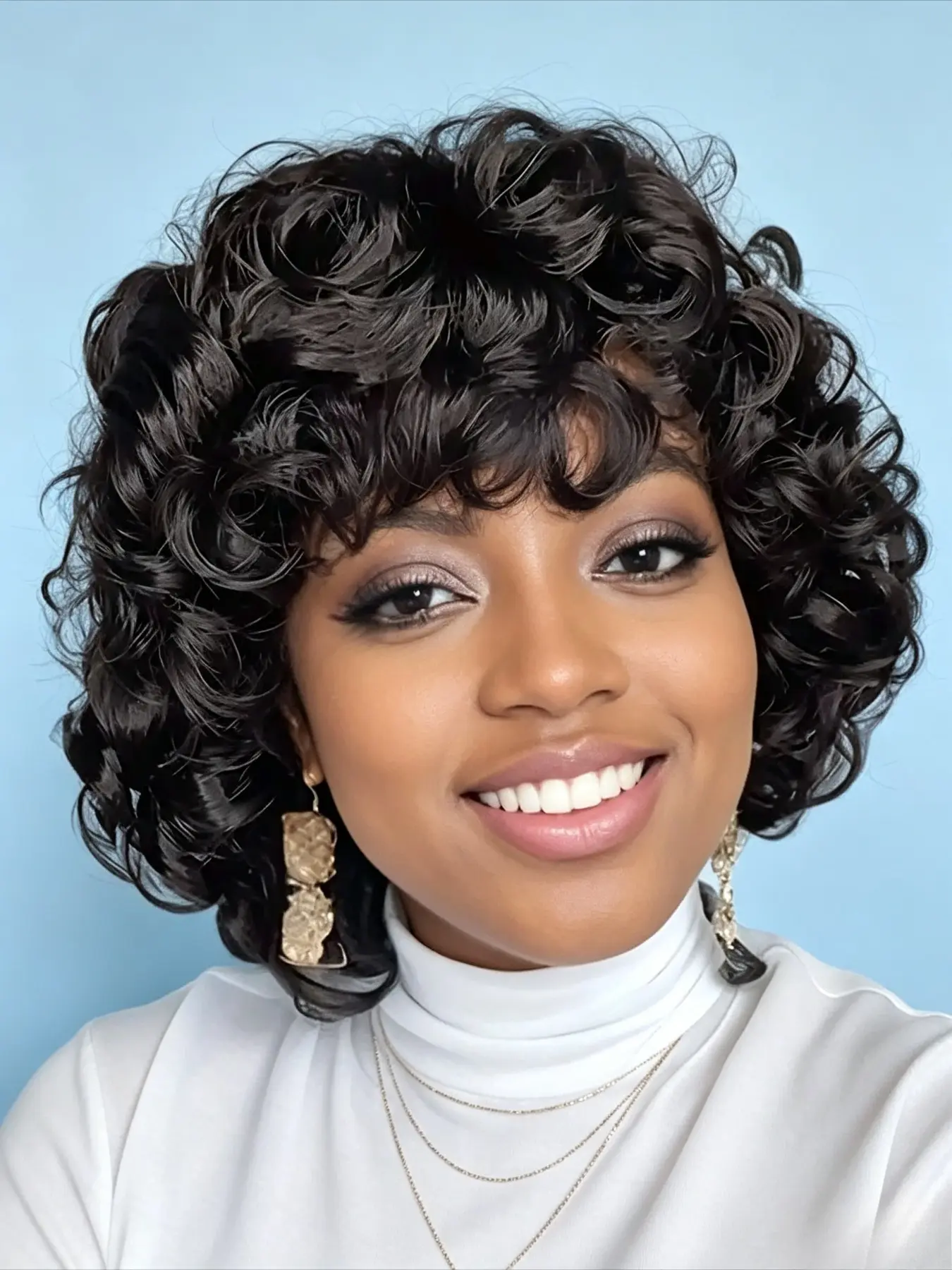 Natural Full Bouncy Egg Curly Pixie Cut Bob Wigs 8 Inches Brazilian Human Hair With Bangs 150% Density Machine Crafted Realistic Looking Wigs For African American Ladies