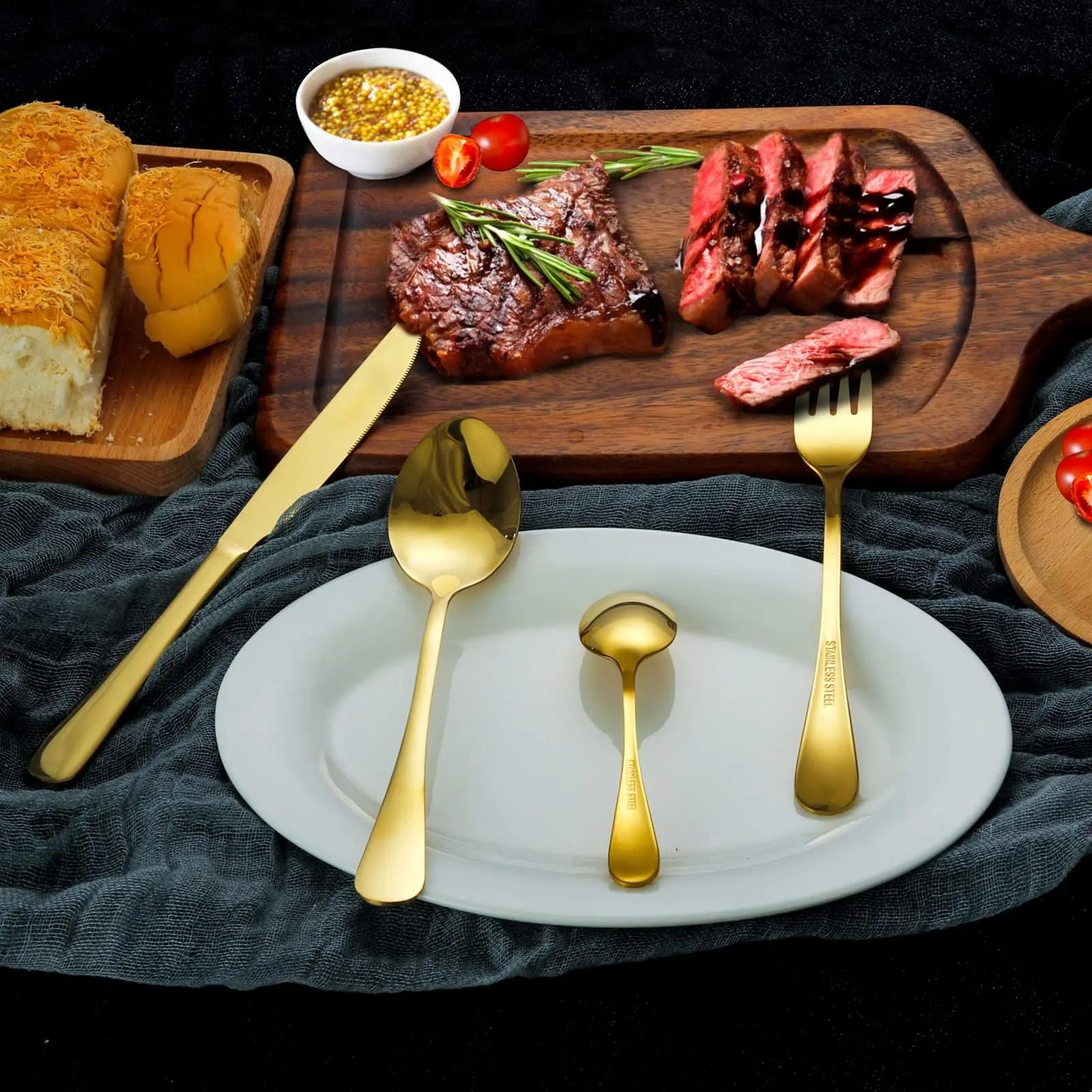 Cutlery Set, 24pcs Stainless Steel Flatware Set with Stand, Including Knife, Fork, Spoon, Hanging Stainless Steel Utensils Set, Gold Cutlery Set