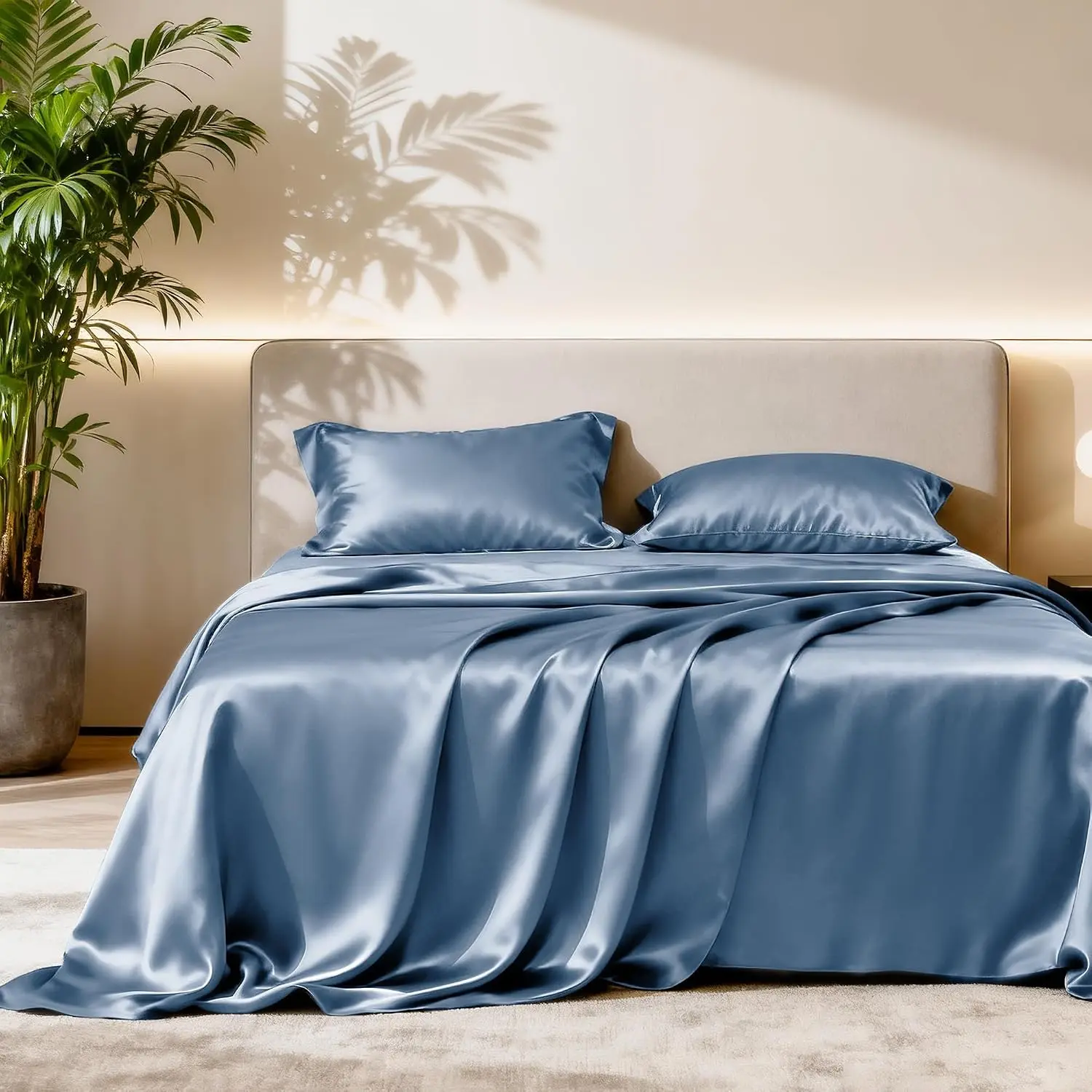 Satin Queen Sheets Set - 4 Piece Ash Blue Silky Bed Sheets Set with Deep Pocket, Luxury Silk Feel Satin Queen Size Sheet Set (1 Flat Sheet,1 Fitted Sheet,2 Pillow Cases)