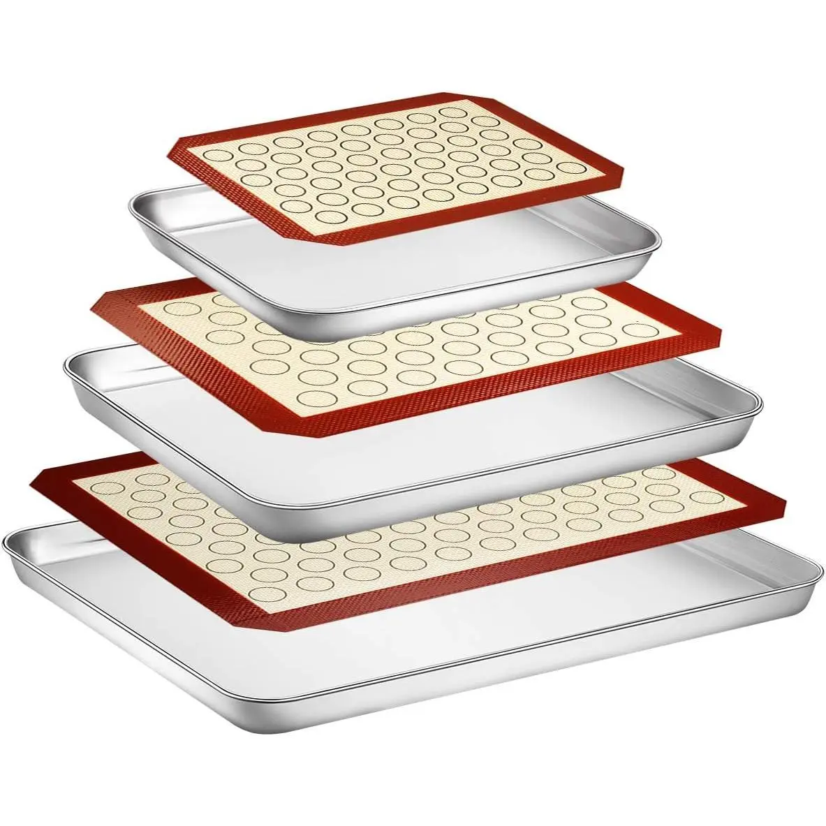 Baking Sheet with Silicone Mat Set, Set of 6 (3 Sheets + 3 Mats), Stainless Steel Cookie Sheet Baking Pan with Silicone Mat, Non Toxic & Heavy Duty & Easy Clean
