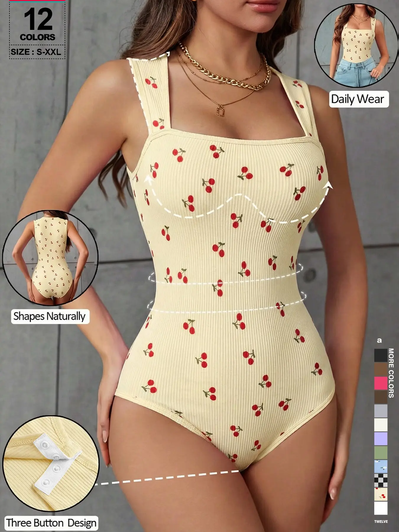 Women Square Neck Wide Strap Bodysuit, Stretch Fitted Tummy Control Tank, 3 Snap Crotch, Basic Layering Jumpsuit, All Seasons