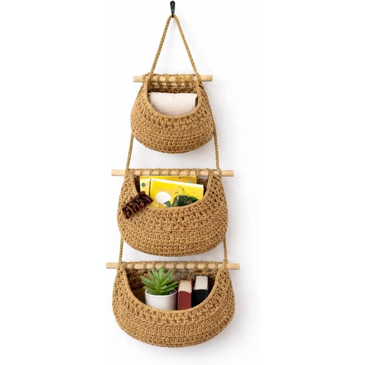 3-Tier Cotton Rope Hanging Wall Basket Organizer - Renters-Friendly Home Storage Holder with Detachable Baskets, No-Drill Adhesive Hooks for Bathroom, Kitchen, Three-Tier