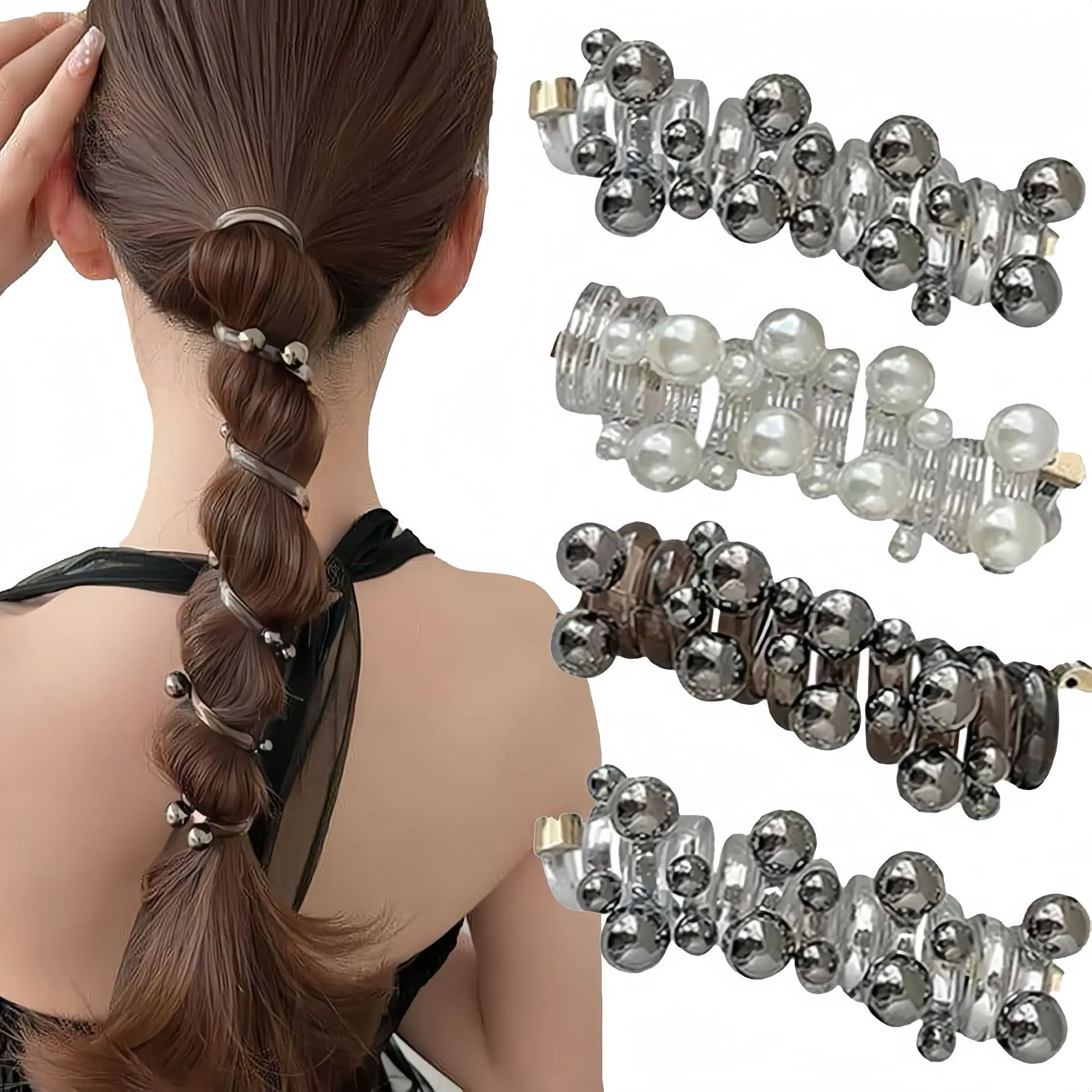 4PCS Hair Ties for Women, Multi-Style Transparent Spiral Coil Ponytail Holders with Cute Floral Metal Beads, Bling Hair Fashion for Messy Buns, Transparent Coil, Female, Bling Effect, Floral Beads, Metal Coil