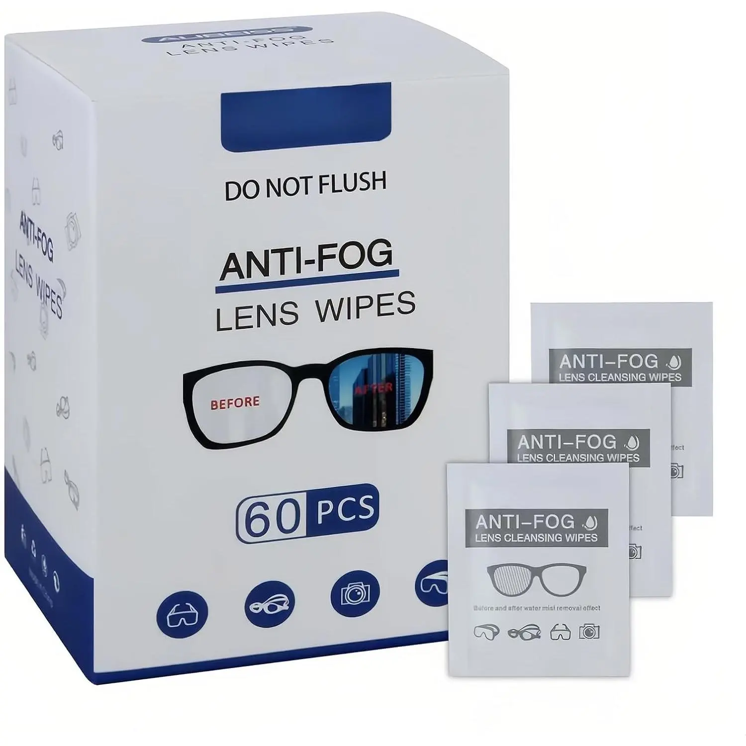 Anti-Fog Lens Wipes Pre-Moistened Anti-Fog Wipes, 6inch X 5inch,for Eye Glasses (60 Pack)