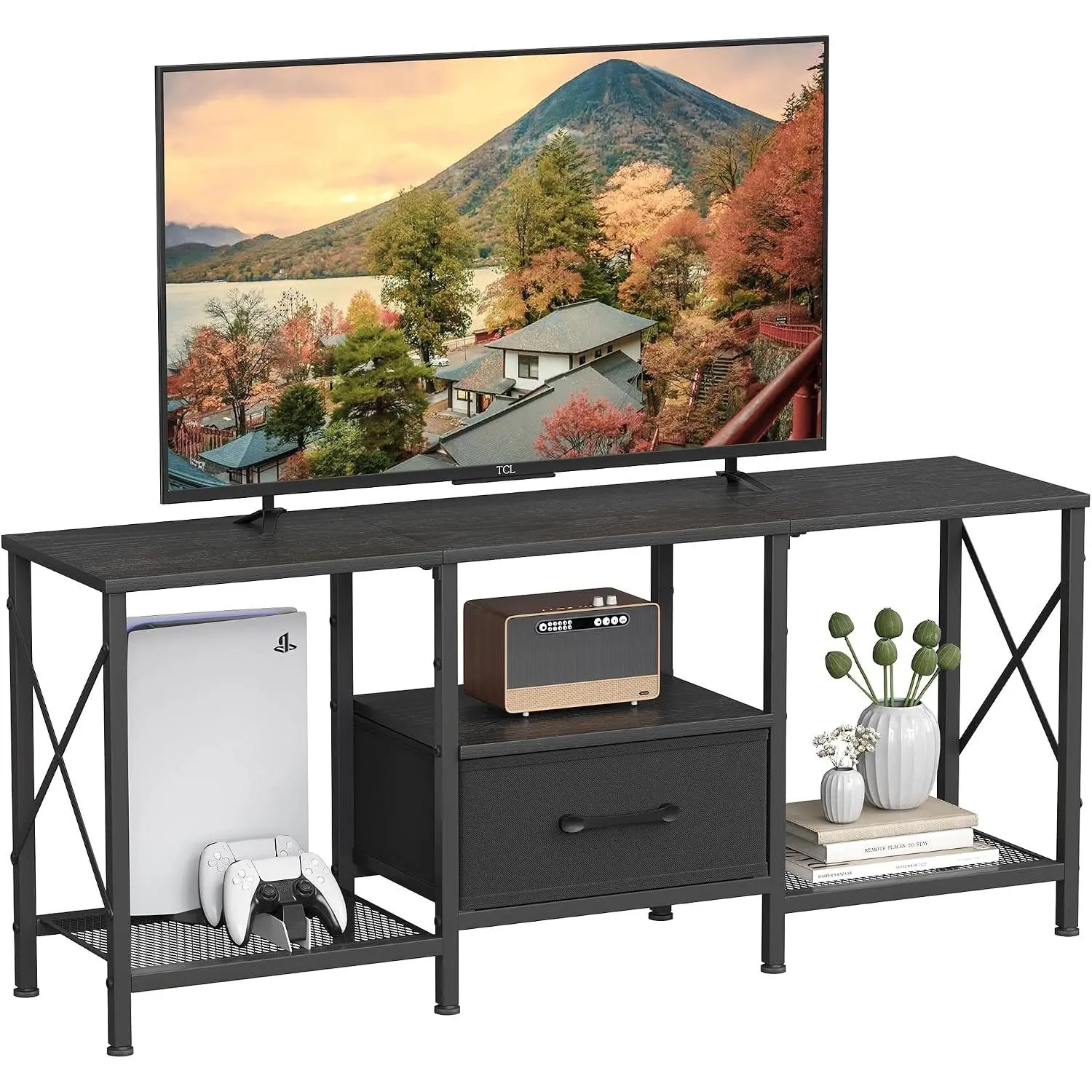 TV Stand with Fabric Drawer, Entertainment Center for 50 55 Inch TV, Industrial TV Console Table with Open Storage Shelves for Living Room, Bedroom, Black