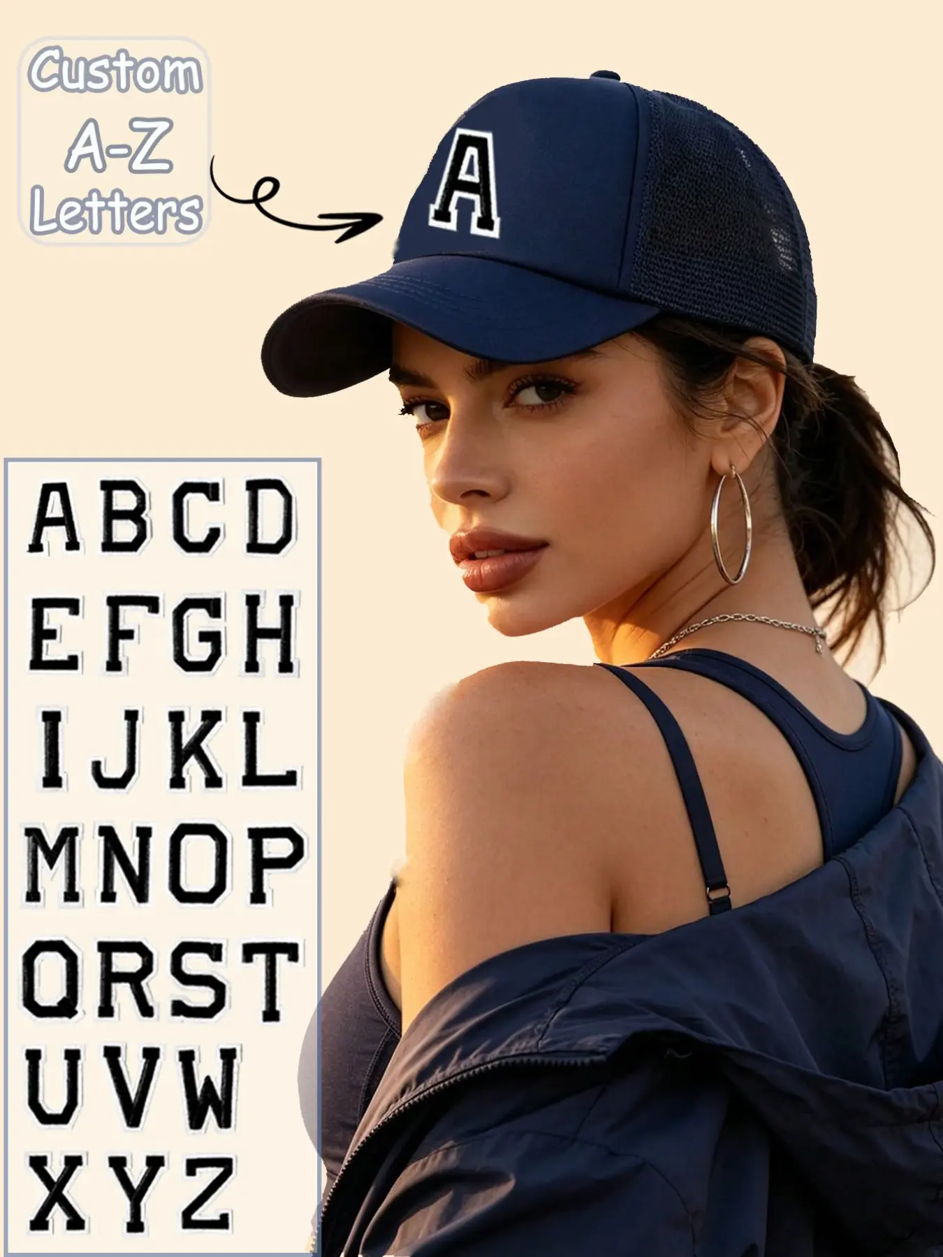 1PC Navy Soft Foam Trucker Hat Custom A-Z Initial Letter, Wide Sun Protection Mesh Cap Unisex Outdoor Hat for Beach Travel Fishing Hiking, Personalized Custom Gift for Family Friends Valentine’s Day