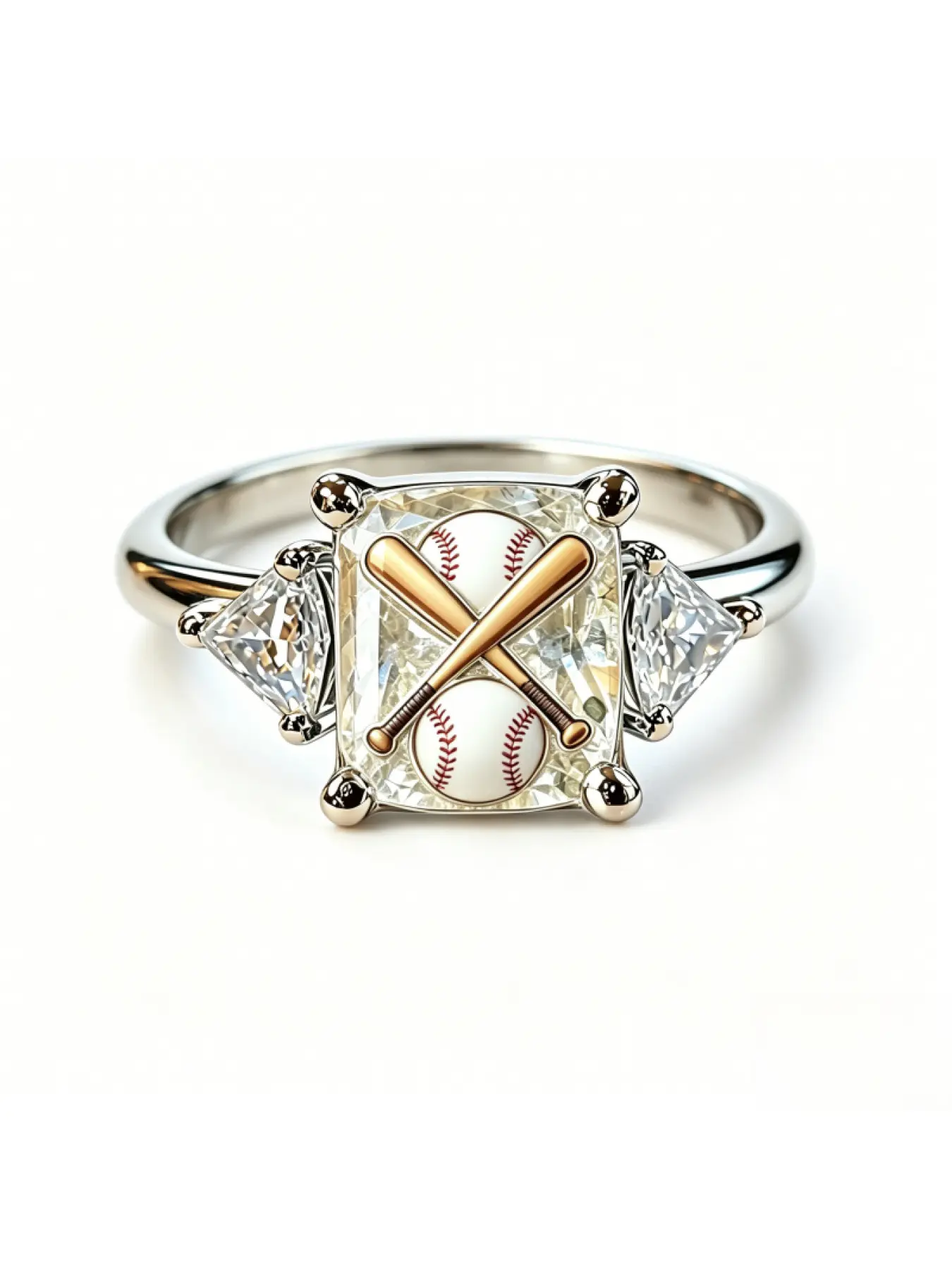 American Baseball And Bat Pattern Square Art Printed Ring, Retro Trendy Sporty Light Luxury Unique Jewelry For Daily Outfit Matching, Ideal Passionate Keepsake Gift For Baseball Enthusiasts, Teammates And Sports Best Friends On Baseball Event Anniversary