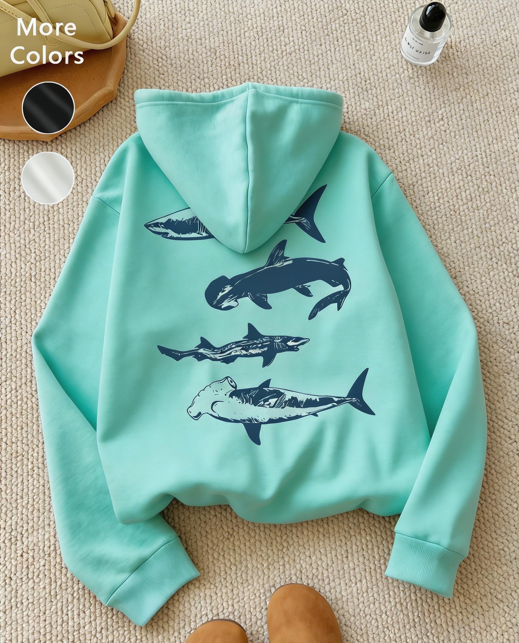 Women's Wool Aesthetic Hoodie, Loose Long-Sleeve Pullover for Autumn and Winter, Shark Print Casual Daily Wear, Unisex Fashion Top