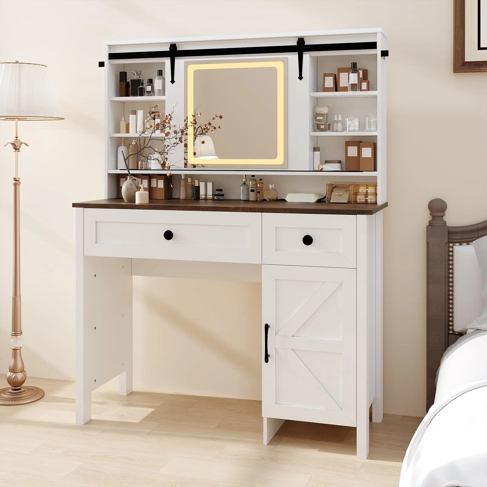 Vanity Desk with LED Lighted Mirror & Built-in Power Outlet, Makeup Dressing Table with 3 Drawers, Storage Cabinet, Open Shelves and Matching Stool for Bedroom