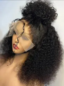 Soft Natural Long 16-Inch 180 Density Curly Deep 13x4 Front Lace Wig, Glueless Pre-Plucked Heat Resistant Synthetic Daily Wear Wig