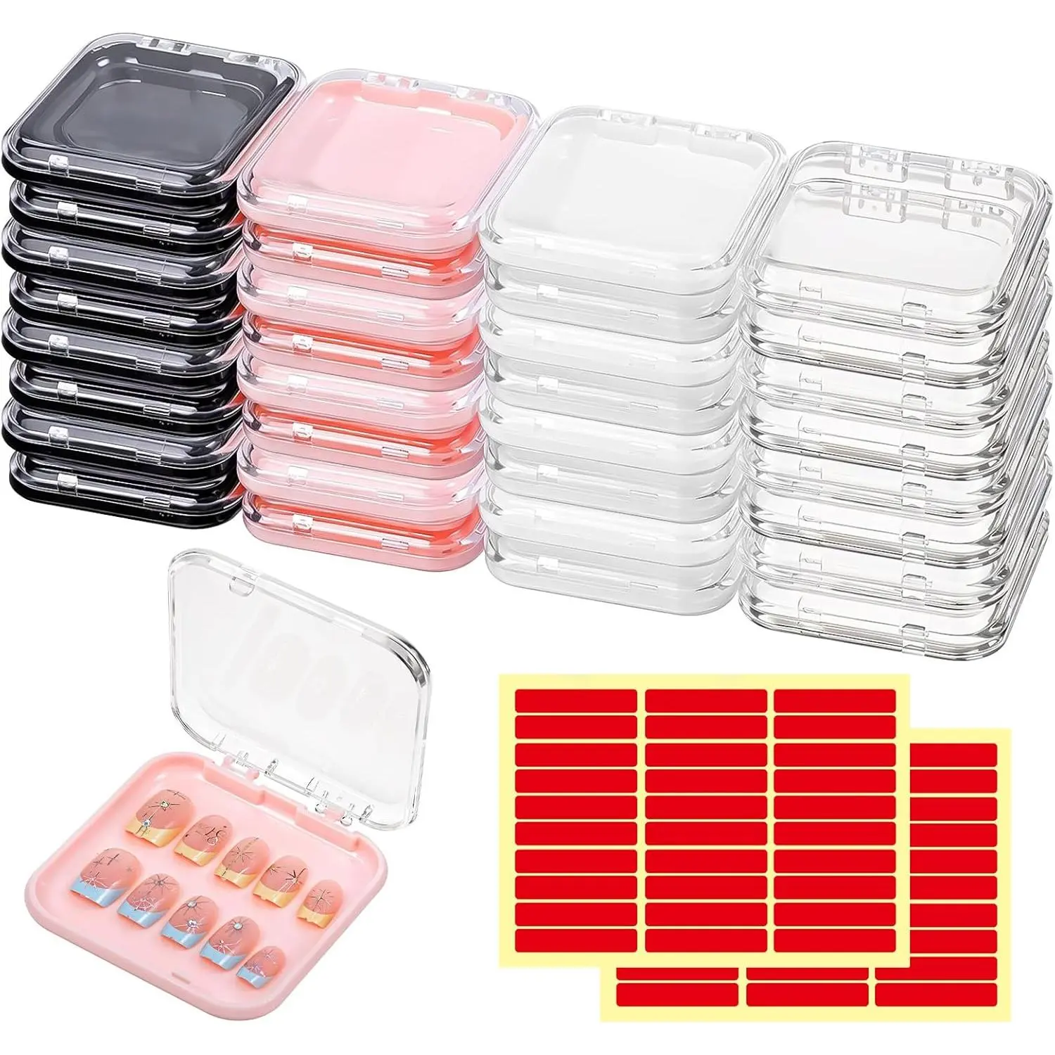 32 Pack Press Nail Storage Boxes with 60 Adhesive Tapes – Acrylic Nail Organizer for Salon, Travel & Gifting (4 Colors: Pink, Black, White, Clear)
