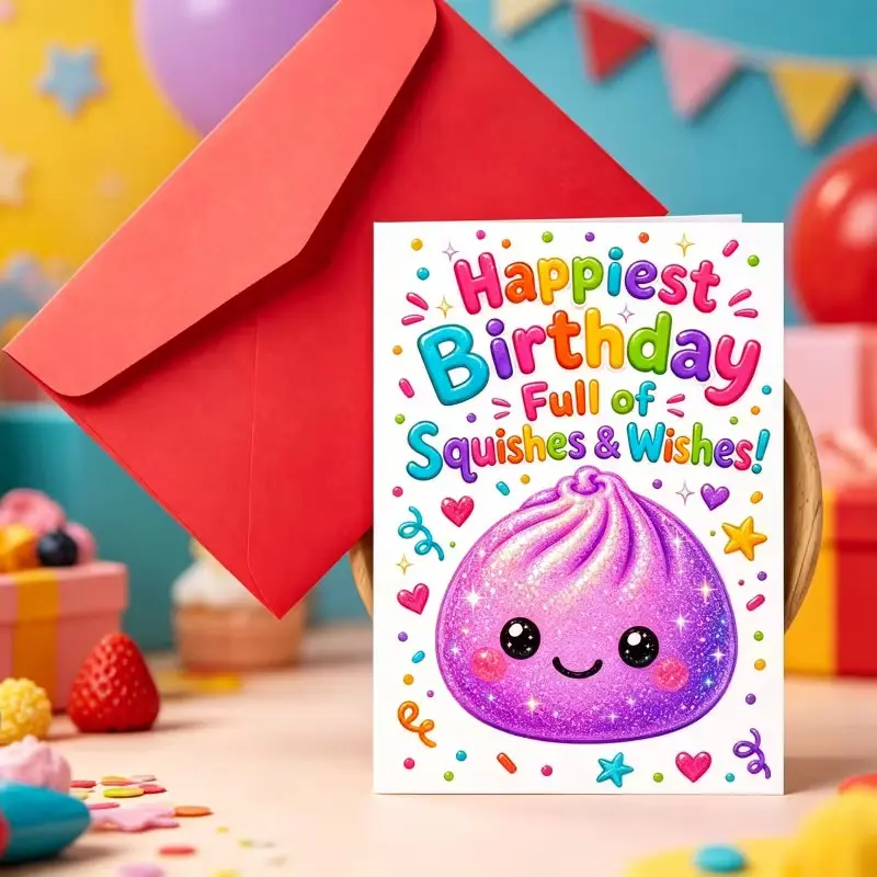 Cute Bao Bun Birthday Greeting Card, Kawaii Cartoon Food Card, Sparkly Purple Bao Character with Colorful Birthday Lettering, Fun Birthday Gift for Kids, Friends and Food Lovers, Blank Inside with Envelope
