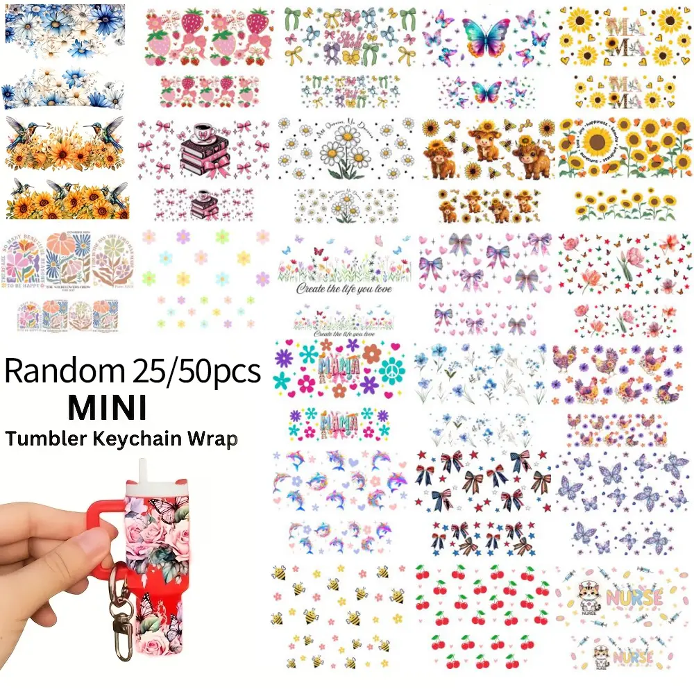 UV DTF Print Mini Keychain Wraps, 25/50 Pack in Mixed Styles, Waterproof & Durable Decals for Mini Tumblers, Unisex DIY Gifts