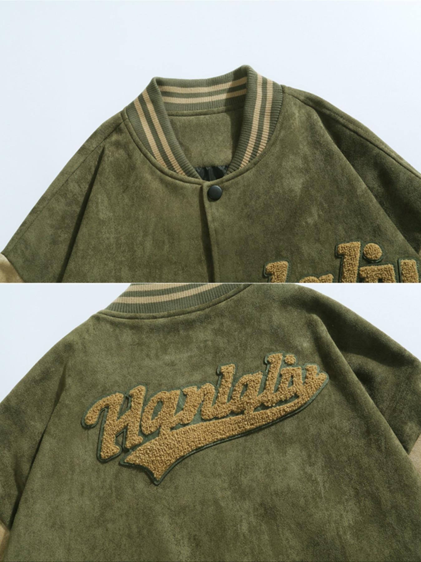 Men's Patchwork Letter Embroidery Button Front Vintage Varsity Jacket, Casual Drop Shoulder Long Sleeve Baseball Collar Outerwear for Fall & Winter, Men's Clothes for Daily Wear