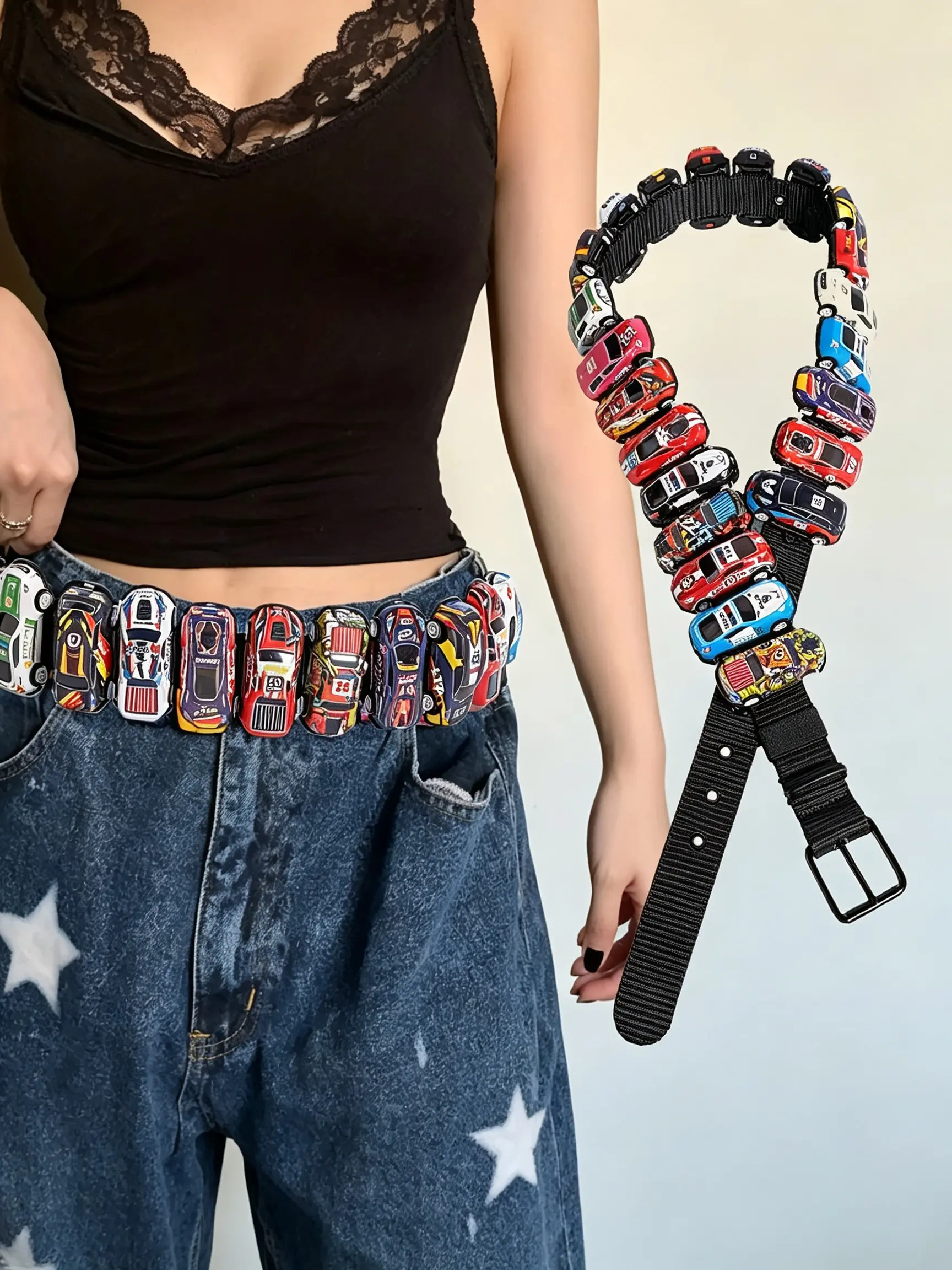 Handmade Colorblock Mini Racing Belt, Men's Vintage Y2K Punk Style, Street Fashion Accessory, Durable Buckle, Unisex Waistband