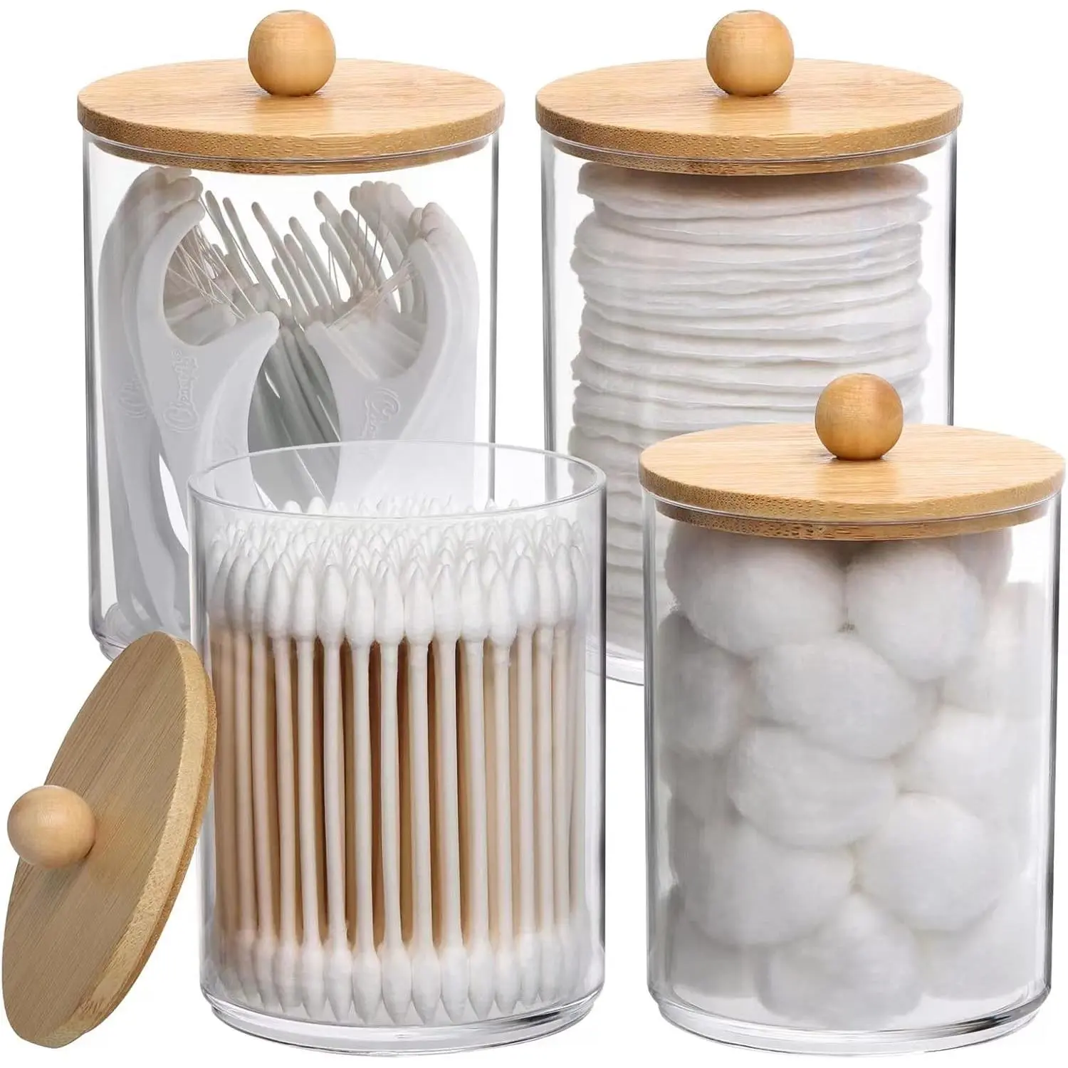 4 Pack Qtip Holder, 10-Ounce Bathroom Organizer Accessories Storage Containers Clear Plastic Apothecary Jars with Bamboo Lids for Cotton Ball, Cotton Swab, Floss