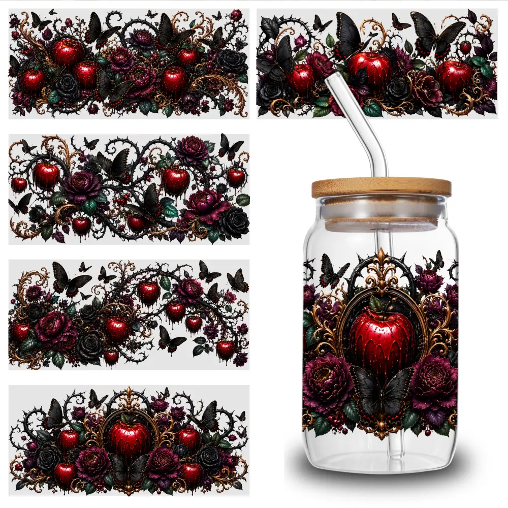 5 Sheets Gothic Apple UV DTF Stickers UV DTF cup packaging transfer sticker, 16oz carafe decoration, suitable for any smooth object surface, craft decoration, glass decoration, campus decoration, small gifts for friends, small gifts for family.