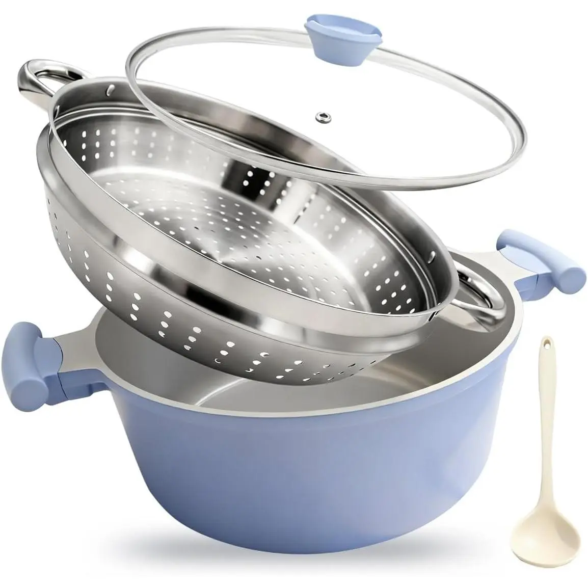 AIKENBBKK Ceramic Steamer Pot for Cooking, 7 QT Large Steaming Pot with Lid, Nonstick Cooking Pot with Steamer Basket, Big Steamer Cookware for Vegetable, Food, Dumplings, Induction Compatible, Blue