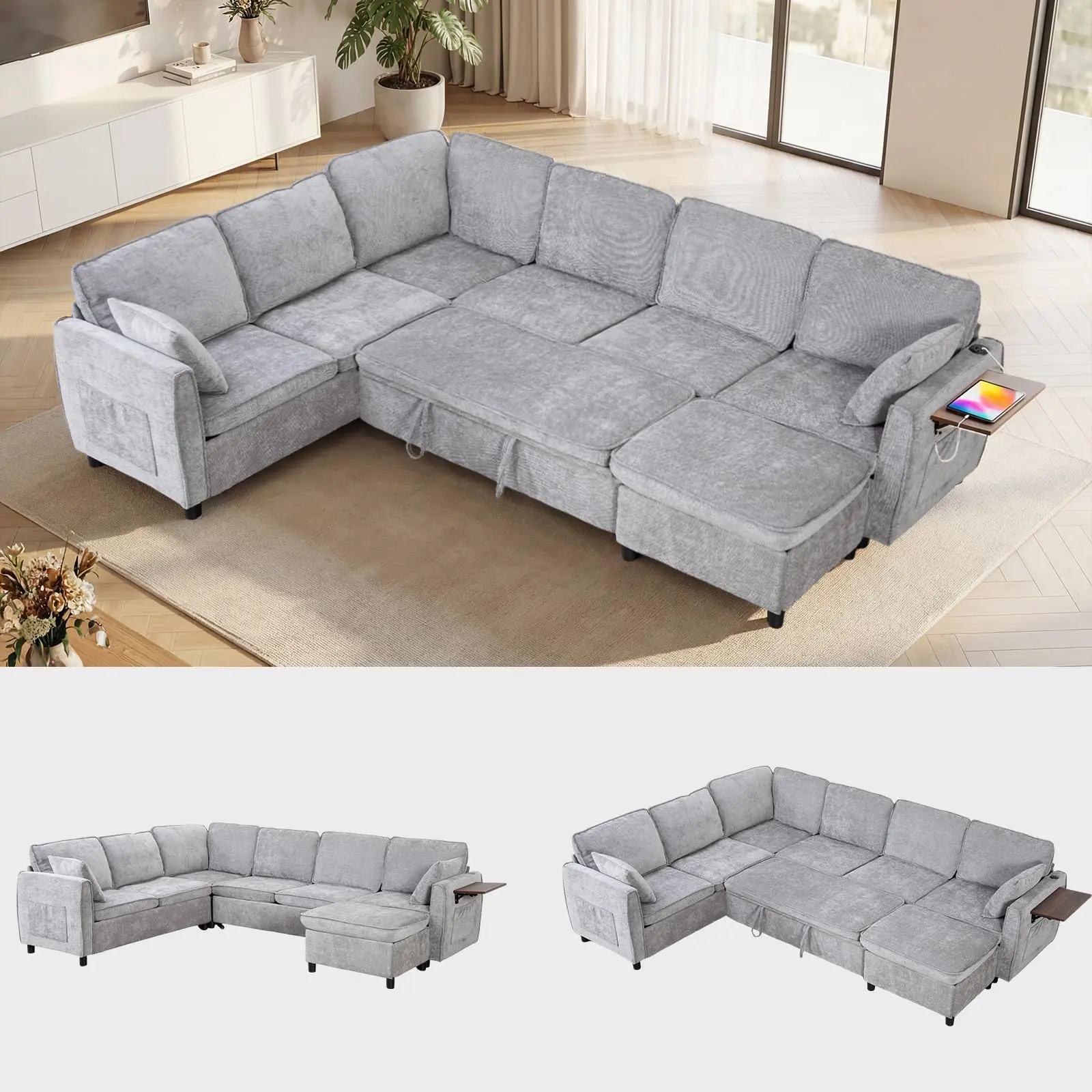 Garvee 116" Modular U-Shaped Sectional Sleeper Sofa with Pull Out Bed, 7-Seater Chenille Cloud Couch with Ottoman, Charging Port & Foldable Side Table for Living Room in Grey, Blue, or Beige