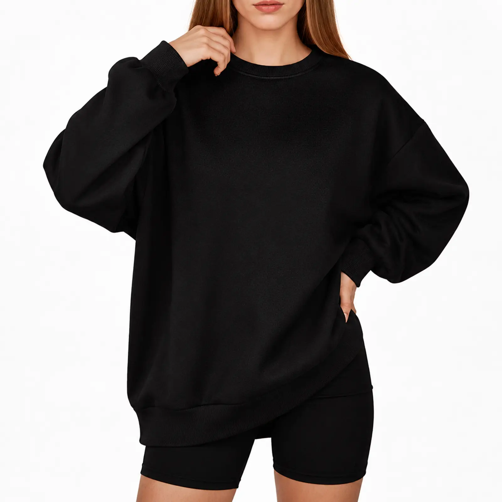 Women's Crewneck Pullover Sweatshirt | Roomy Long Sleeve Top | Black Street Style | Soft Fleece Basic Layer