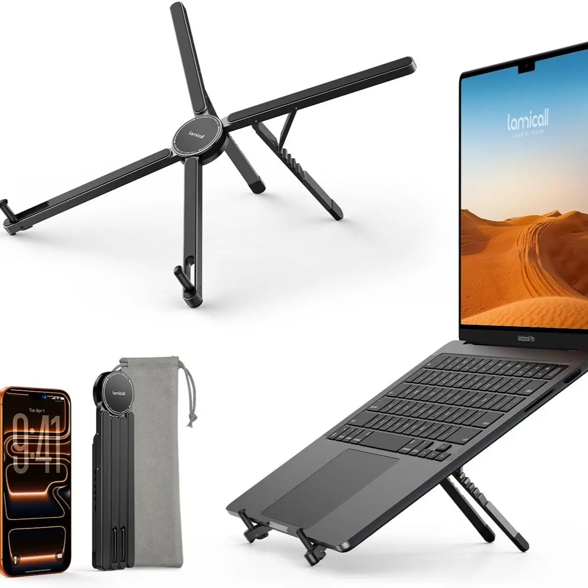 Four-In-One Foldable Laptop Stand and Magnetic Phone Holder, Silver Color Aluminum Desktop Stand, Compatible with Macbook Pro, iPad, Travel, Video Recording