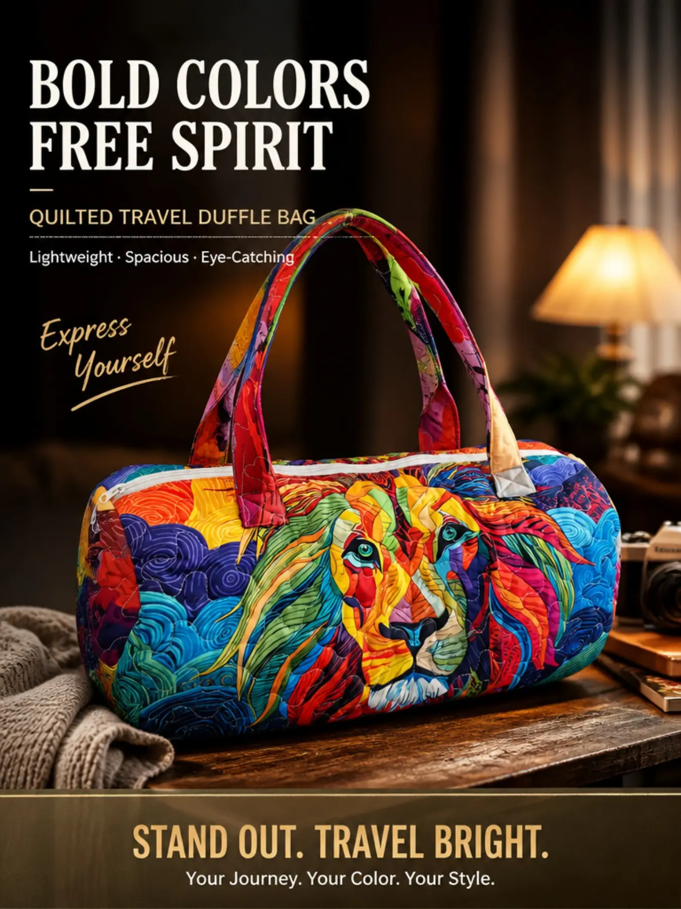 Cyber Lion Print Quilted Handbag, Large Capacity Soft Duffel Weekender Bag, Large Duffle Bag, Lightweight Overnight Fitness Luggage, Ideal for Outdoor Travel Vacation