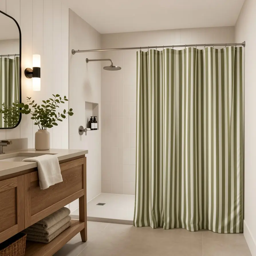 Green Stripes Shower Curtain, Modern Farmhouse Bathroom Decor, Japandi Minimalist Curtain, Elegant Neutral Stripe Design, Home Decor, Bathroom Accessories, with Hooks, 70X70Inches