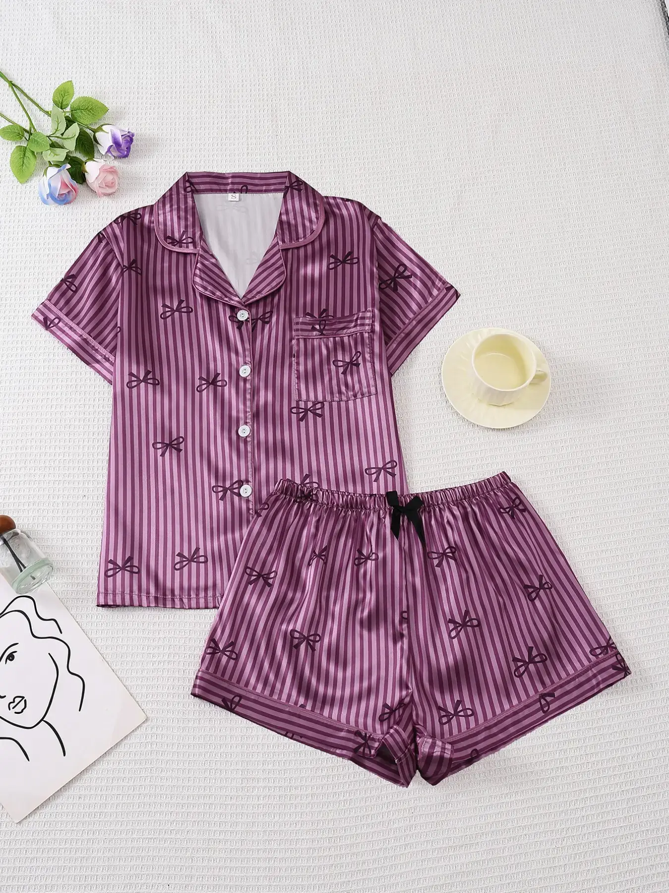 Women's Bow Stripe Printed Pyjama Set, Casual Short Sleeve Shirt & Loose Shorts, Soft Top & Comfortable Home Wear, Loungewear, Pajamas, All Season Nightwear, Nightwear Pjs