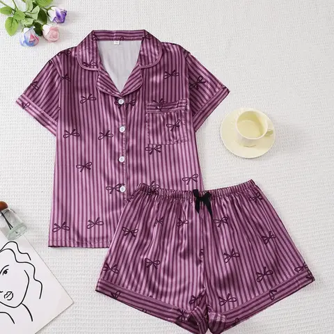 Women's Bow Stripe Printed Pyjama Set, Casual Short Sleeve Shirt & Loose Shorts, Soft Top & Comfortable Home Wear, Loungewear, Pajamas, All Season Nightwear, Nightwear Pjs